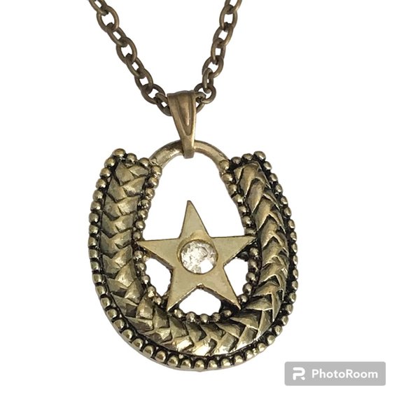 Horseshoe Necklace Crystal Gold Brass Plated 24" Country Western Cowgirl Luck - Picture 2 of 9